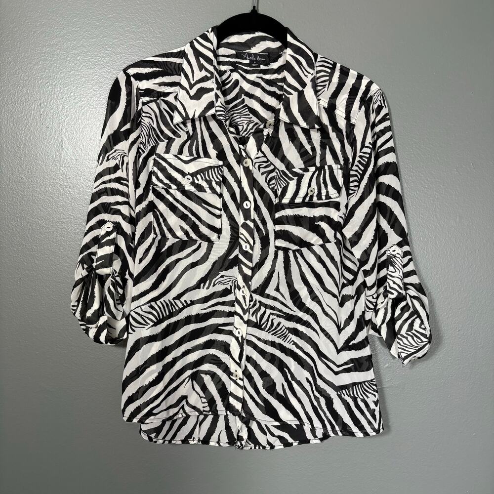 Antilia Femme Women's Bold Zebra Print Button Up Shirt - Size Small - Semi-Sheer